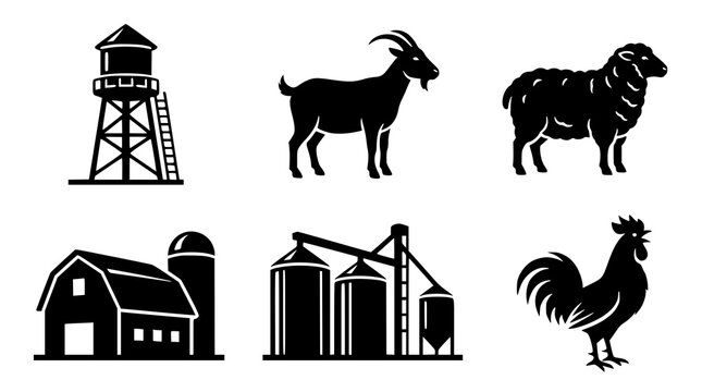 Farm vector icon set with water tower goat sheep barn silo and rooster silhouettes