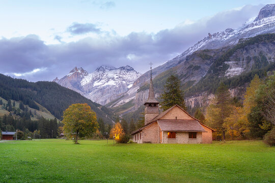 Kandersteg, Switzerland sunset church, mountains,