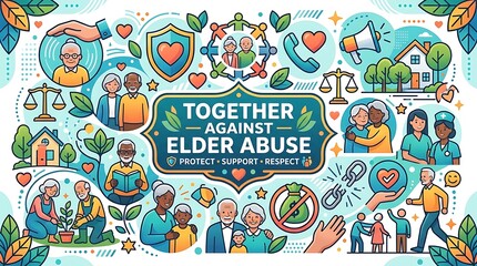 Fototapeta premium Vector awareness icons collage, text “Together Against Elder Abuse”