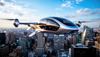 Fototapeta premium The eVTOL air taxi hovers above the city skyline, showcasing advanced technology. The air taxi offers a glimpse into urban transport's future in the air.