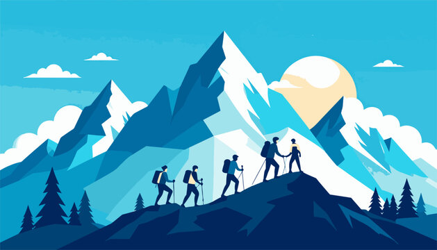 Adventurous hikers ascend majestic, snow-capped mountains under a bright, stylized sun