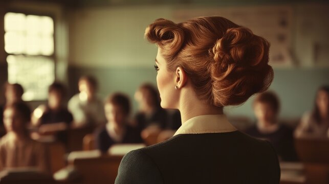 vintage teacher in classroom with students