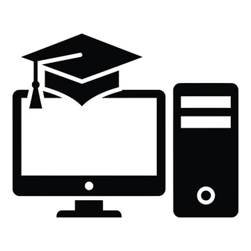Graduation cap on computer monitor and desktop PC tower icon icon