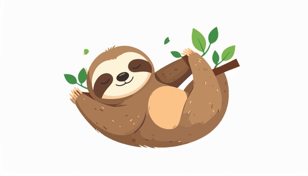 Adorable cartoon sloth hanging from a tree branch with green leaves