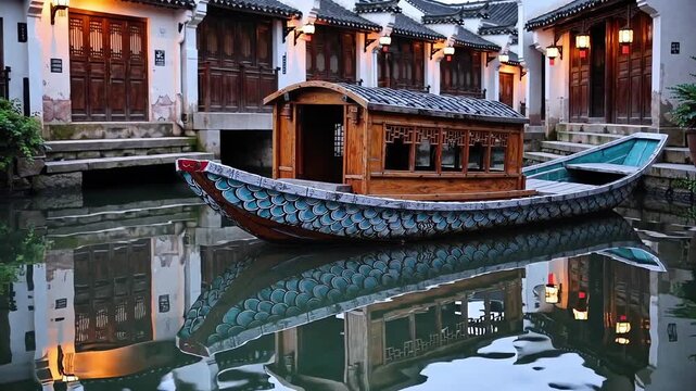 Cruising along peaceful water canal in old Asian water town where vintage wooden vessel floats near ancient houses during evening twilight hours showing perfect symmetry of mirror reflections