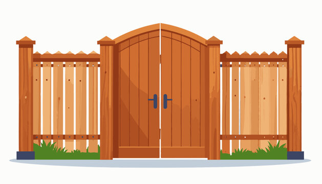 A wooden fence with a double gate and grass at the bottom