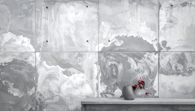 Minimalist Gray Marbled Concrete Wall with Small Red Flowers on Rustic Table