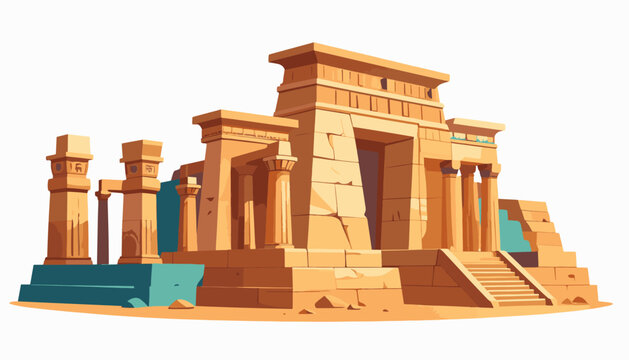 Ancient sandstone ruins with columns and steps under a bright sky