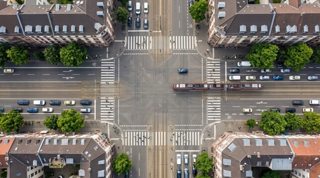Aerial view of a busy city intersection. Urban traffic with cars and a tram in a European town. Infrastructure and transportation concept