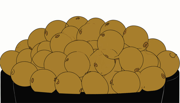 A pile of golden-brown, fuzzy fruits in a dark container