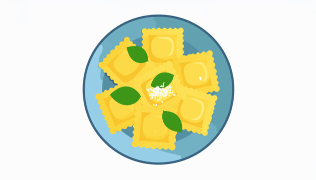 A plate of golden ravioli with green basil leaves and grated cheese