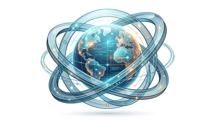 Digital Earth globe with orbiting abstract technology rings. © andi