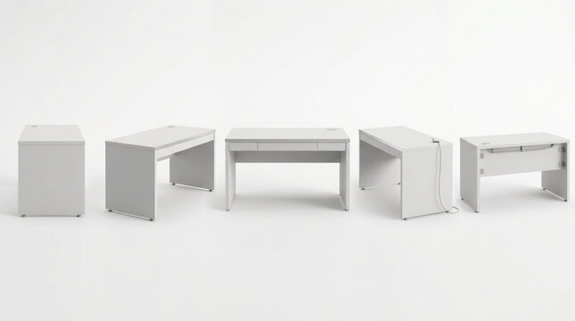 Modern white office desk collection with multiple views, cable management details and drawers isolated on white background. Professional workstation furniture set for office interior. 3D render.