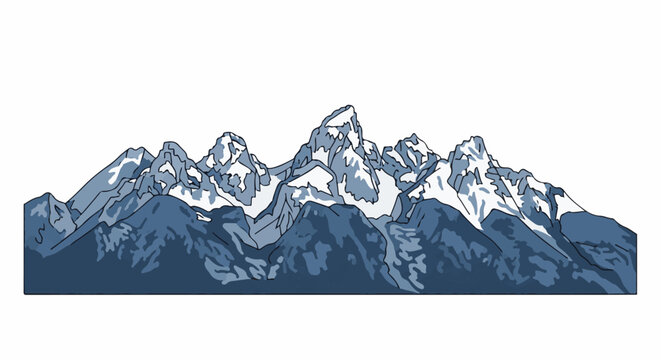 A majestic mountain range rendered in a stylized, graphic art with snow-capped peaks and shaded slopes