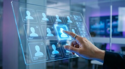 Business hiring strategy concept with digital interface selecting candidate profile among workforce avatars in HR technology platform
