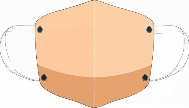 A flat illustration of a protective face covering with ear loops and dark circular fasteners