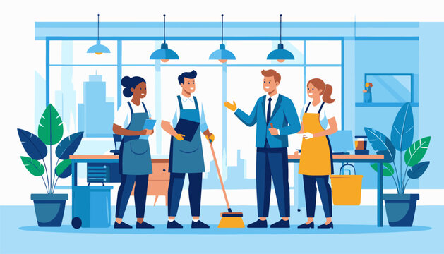A diverse cleaning crew is working in a bright, modern office with large windows