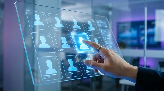 Business hiring strategy concept with digital interface selecting candidate profile among workforce avatars in HR technology platform