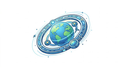 Digital Earth Orbiting Globe with Futuristic Technology Rings. © andi