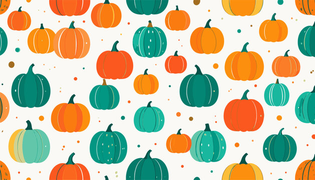 A festive pattern of orange and teal pumpkins, interspersed with colorful dots