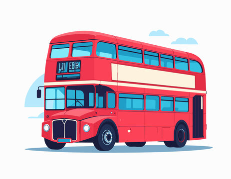 A bright red, double-decker bus drives along a road under a cloudy sky