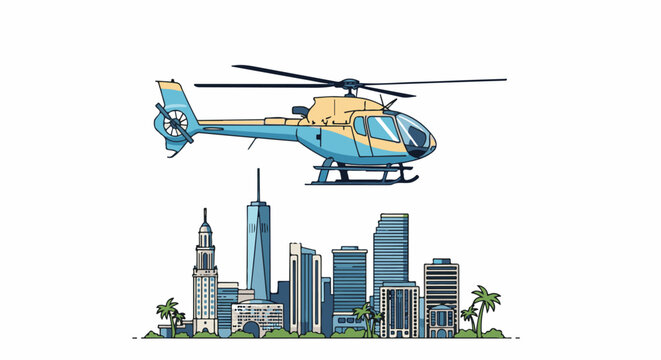A blue and yellow helicopter hovers over a stylized city skyline with palm trees