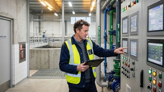 Water treatment plant operator monitoring control panel. Professional technician checking industrial system data with tablet