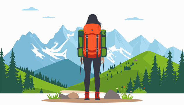 A backpacker faces majestic mountains, ready for an adventure