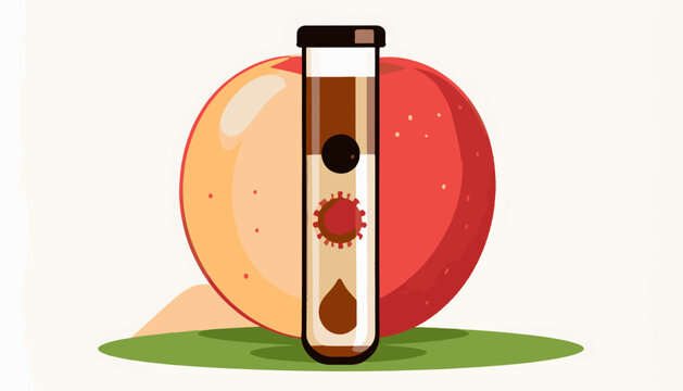 Test tube with virus and droplet beside stylized apple on grass