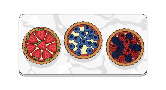 Three assorted berry tarts arranged on a marbled tray