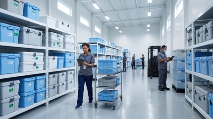 Obraz na płótnie Canvas Medical supply warehouse with staff checking storage containers. Concept of healthcare logistics, hospital inventory, pharma storage, supply chain, and stock control.