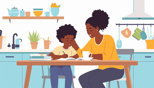 Woman and child doing homework together in a bright, modern kitchen