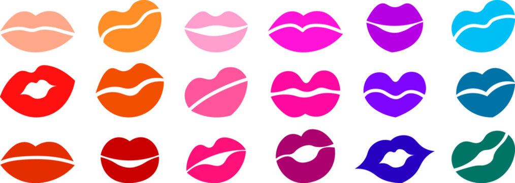 Colorful lip kiss mark collection with creative flat solid lipstick shape graphic elements for beauty design