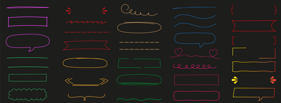Colorful neon hand drawn underline stroke collection with blank speech bubble text box line frame shapes for graphic decoration