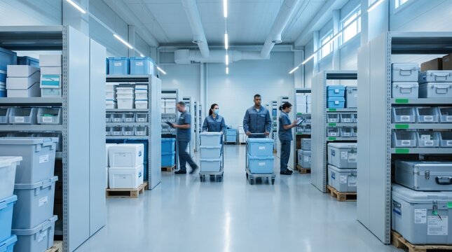 Medical supply warehouse team moving cold chain containers between storage racks. Concept of pharma logistics, hospital inventory, cold chain, and supply control.