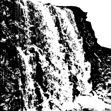 Stylized waterfall silhouette cascading over craggy cliffs, rapids cutout, cascade graphic, nature element, high contrast hydro feature.