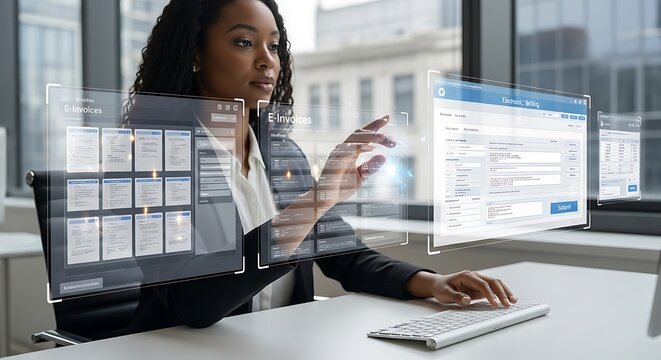 Focused Businesswoman Managing Digital Invoice Interface in Modern Office