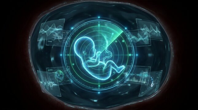 Digital 3D fetus scan on futuristic radar screen with medical charts on dark background