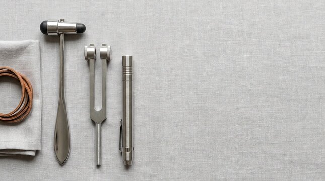 Medical examination tools: Reflex hammer, tuning fork, and penlight on a linen cloth