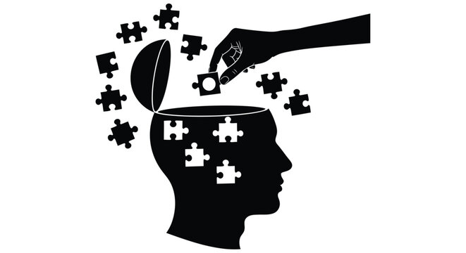A hand placing a puzzle piece into the open head of a silhouetted figure