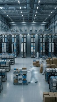 Medical cold chain warehouse seen from above with autonomous transport cart. Concept of pharma logistics, hospital inventory, cold chain automation, and supply control. Banner