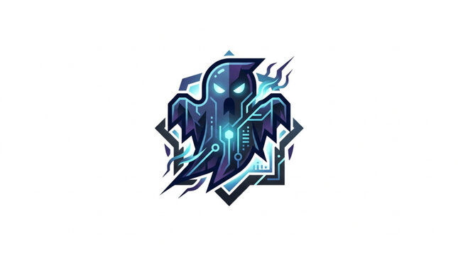 Digital Ghost Icon with Circuitry and Geometric Shapes.