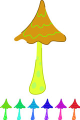 Obraz premium Stylized colorful mushroom with a red pointy cap and yellow wavy lines on an orange spotted stem, creating a vibrant, whimsical, and imaginative