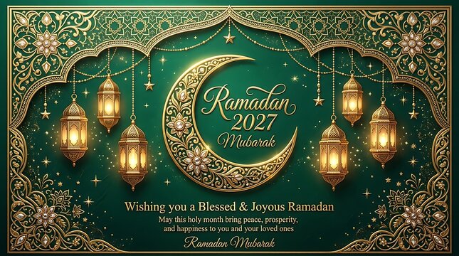 Luxurious ramadan 2027 mubarak greeting card with golden lanterns and crescent moon on green background
