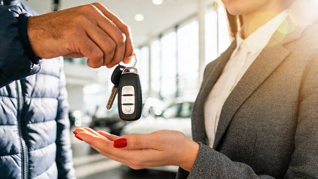 Man hands car keys to woman in suit during vehicle purchase at dealership in sunny setting