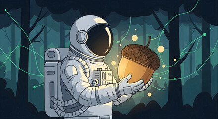 Astronaut holding a giant acorn in a dark forest. © Ridwan