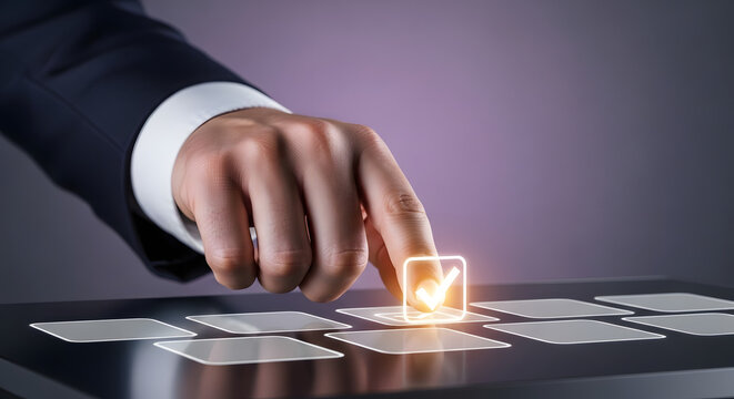 Businessman hand touching glowing checkmark on digital interface with multiple options