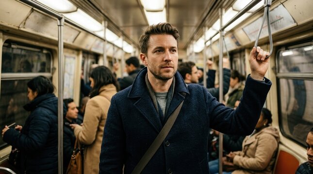 Man commuting on a subway train. Caucasian male passenger standing in a crowded metro car holding a hand strap. Urban public transportation and city lifestyle concept