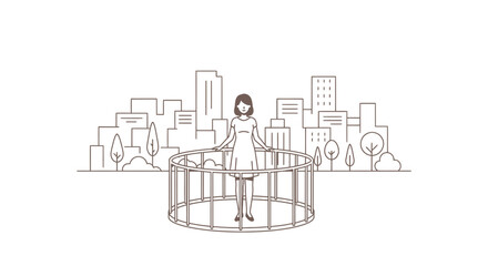 Fototapeta premium Minimalist line art of a woman in a circular cage, isolated from a city. Represents themes of urban loneliness, societal barriers, and personal confinement.