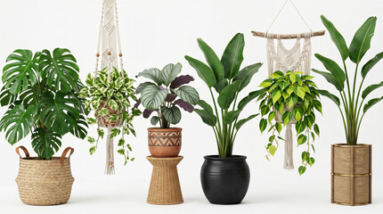 Collection of beautiful indoor plants in ceramic pots and wicker baskets isolated on white background. Realistic 3D render. Urban jungle houseplant set with Monstera, Bird of Paradise, and Macrame. © Itx Musa